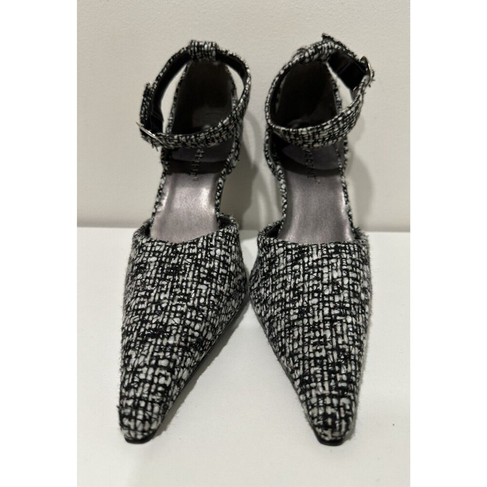 Carrini women size 9  fabric black and white pointed toes heel ankle strap shoes